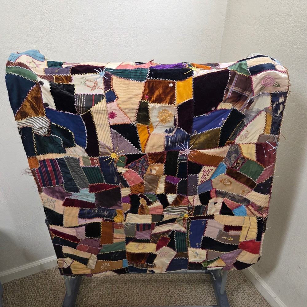 Antique 1909 Crazy Quilt Top Velvet Silk Flour Sack Backing 32x54 Handmade